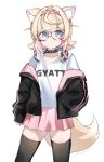  1girl animal_ear_fluff animal_ears artist_name black-framed_eyewear black_jacket black_thighhighs blonde_hair blue_eyes clenched_hand collarbone cowboy_shot dog_ears dog_girl dog_tail hand_in_pocket headphones headphones_around_neck highres hololive hololive_english jacket looking_at_viewer meme mococo_abyssgard multicolored_hair pink_hair pink_skirt round_eyewear shirt short_hair simple_background skirt sleeves_past_wrists sobbi11 solo sticking_out_your_gyatt_for_the_rizzler_(meme) tail thighhighs twitter_username two-tone_hair virtual_youtuber white_background white_shirt 