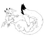 2019 ambiguous_gender anthro belly big_belly big_tail black_and_white black_eyes breath chest_tuft chubby_anthro digital_media_(artwork) dragon female_(lore) full-length_portrait fur furred_dragon hair horn kali_(thorn_paw) looking_aside lying membrane_(anatomy) membranous_wings monochrome navel on_back portrait simple_background sketch small_wings solo tail tail_tuft thorn_paw tuft white_background wings