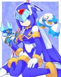  1boy 2girls blizzack_staggroff blue_eyes colored_sclera crop_top helmet highres looking_at_viewer mega_man_(series) mega_man_zero_(series) mega_man_zero_2 mini_person miniboy minigirl multiple_girls omeehayo polearm poler_kamrous sitting smile weapon yellow_sclera 