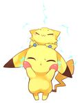  :&lt; ^_^ blush_stickers closed_eyes electricity gen_1_pokemon gen_5_pokemon hands_on_own_cheeks hands_on_own_face joltik kuo lowres no_humans on_head pikachu pokemon pokemon_(creature) pokemon_on_head simple_background standing tiptoes white_background 