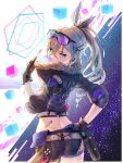  1girl ass bandaid bandaid_on_back belt bubble_blowing cellphone chewing_gum fingerless_gloves fur-trimmed_jacket fur_trim gloves goggles goggles_on_head grey_hair hand_on_own_hip highres holding holding_phone honkai:_star_rail honkai_(series) jacket long_hair long_sleeves phone ponytail short_shorts shorts shukei silver_wolf_(honkai:_star_rail) smartphone solo 