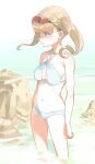  1girl bikini blonde_hair blue_bikini blue_eyes blush breasts commentary day expressionless eyewear_on_head halterneck highres looking_to_the_side medium_breasts medium_hair navel ocean original outdoors rock solo sunglasses swimsuit twintails u0w0v wading water 