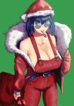  1girl absurdres bare_shoulders belt blue_hair breasts candy candy_cane christmas cleavage erasorpepero food green_background hand_in_pocket hat highres holding holding_sack hololive hololive_english huge_breasts looking_at_viewer naked_overalls ouro_kronii overalls red_overalls round_eyewear sack santa_costume santa_hat solo sunglasses virtual_youtuber 