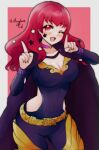  1girl belt black_cape bodysuit cape chest_strap choker clothing_cutout facial_mark fire_emblem fire_emblem_engage gold_belt hair_ornament highres pink_choker purple_bodysuit red_hair rotomdocs side_cutout star_(symbol) star_facial_mark star_hair_ornament yellow_belt yunaka_(fire_emblem) 