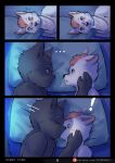anthro bed blush canid canine canis clothed clothing comic comic_panel digital_drawing_(artwork) digital_media_(artwork) domestic_cat domestic_dog duo english_text felid feline felis fur furniture hair hi_res inside kiss_on_lips kissing lying lying_on_bed male male/male mammal night on_bed on_side partially_clothed patreon patreon_logo pillow shaded shirt sleeping sleeping_together stampmats staring_into_eyes tank_top text topless topwear url