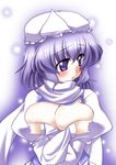  blush breast_lift breasts cleavage covering covering_breasts gonzaburo hat large_breasts letty_whiterock no_bra open_clothes open_shirt purple_eyes purple_hair scarf shirt short_hair solo touhou upper_body white_scarf 