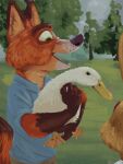 2023 3:4 aged_up ambiguous_gender anatid anseriform anthro avian bird blue_clothing blue_shirt blue_topwear canid canine carrying_another clothing detailed_background digit_ring digital_media_(artwork) digital_painting_(artwork) disney duck feathers fox gloves_(marking) green_eyes hi_res inner_ear_fluff jewelry lagomorph leporid male mammal markings mature_male multicolored_body nick_wilde open_mouth plant rabbit red_fox ring shirt tangerine_(artist) topwear tree tuft wedding_ring white_body white_feathers zootopia