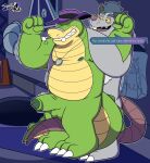 2024 absurd_res alligator alligatorid anthro balls brok_(brok_the_investigator) brok_the_investigator clothing crocodilian detailed_background dialogue duo english_text erection genitals green_body grey_body hat headgear headwear hi_res male male/male mammal murid murine night nipples outside penis rat reptile rodent scalie sex slightly_chubby spotttheyeen squealers_chief text