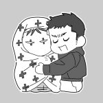  2boys aikawa_(dorohedoro) chibi closed_eyes dorohedoro greyscale heads_together hug male_focus medium_sideburns monochrome multiple_boys no_eyebrows risu_(dorohedoro) sasaki_(ssk_p3) short_hair thick_eyebrows u_u v-shaped_eyes yaoi 