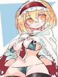  1girl adapted_costume alice_margatroid black_thighhighs blonde_hair blue_eyes blush breasts capelet closed_mouth cowboy_shot hair_between_eyes hairband large_breasts lolita_hairband massakasama navel red_hairband short_hair smile solo thighhighs touhou white_capelet 