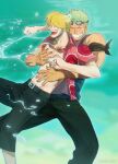  2boys blonde_hair blush curly_eyebrows dark-skinned_male dark_skin facial_hair feet_out_of_frame goatee goggles goggles_on_head green_hair grin hair_over_one_eye hand_on_another&#039;s_shoulder highres hug hug_from_behind male_focus multiple_boys official_alternate_costume one_piece roronoa_zoro sanji_(one_piece) scar scar_across_eye short_hair smile sweetdou3 yaoi 