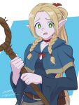  1girl absurdres blonde_hair blue_eyes blue_robe braid breasts bright_pupils choker commentary_request dungeon_meshi elf green_eyes highres holding long_hair long_sleeves marcille_donato medium_breasts pointy_ears red_choker robe solo staff tsunemoku white_pupils 