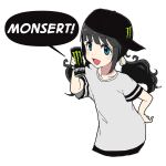  1girl aiu404l black_hair blue_eyes can egg_(aiu404l) energy_drink english_commentary english_text hair_ornament hand_on_own_hip highres holding long_hair looking_at_viewer low_twintails monster_energy open_mouth original shirt short_sleeves smile solo twintails white_background 