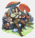  1boy animal animal_on_shoulder apple arm_support backpack bag belt bird boots brown_eyes brown_footwear brown_hair bush cape capelet commentary day deryk_(ff14) final_fantasy final_fantasy_xiv fish food from_above fruit full_body giant_mushroom grass green_cape green_capelet green_pants grey_background holding holding_food holding_fruit male_focus medium_hair meerkat monkey moss mushroom on_rock outdoors pants rabbit rock sitting sitting_on_rock smile thigh_belt thigh_boots thigh_strap tree_stump unworn_backpack unworn_bag water wristband yuzukarin 