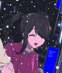  1girl 1other ame-chan_(needy_girl_overdose) arm_hug black_hair closed_eyes coat eencya fur-trimmed_coat fur_trim hair_ornament hair_over_one_eye hair_tie hairclip medium_hair needy_girl_overdose night official_art open_mouth outdoors pixel_art second-party_source sidelocks smile snowing solo_focus twintails winter winter_clothes x_hair_ornament 