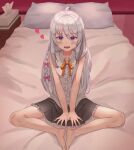  1girl absurdres bare_legs barefoot black_skirt blush bow bowtie butterfly_sitting collared_shirt elaina_(majo_no_tabitabi) frilled_skirt frills full_body grey_hair heart highres indoors knees_apart_feet_together long_hair looking_at_viewer majo_no_tabitabi nano_illustrator on_bed open_mouth orange_bow orange_bowtie pillow shirt skirt sleeveless sleeveless_shirt solo tissue_box white_shirt 