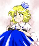 1girl alice_margatroid alice_margatroid_(pc-98) back_bow blonde_hair blue_ribbon blue_skirt book bow buttons closed_mouth dress_shirt hair_ribbon looking_at_viewer nonamejd official_style open_book puffy_short_sleeves puffy_sleeves ribbon shirt short_hair short_sleeves skirt smile solo suspender_skirt suspenders touhou touhou_(pc-98) white_bow white_shirt yellow_eyes zun_(style) 