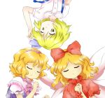  3girls alice_margatroid alice_margatroid_(pc-98) blonde_hair blue_ribbon bow buttons closed_eyes closed_mouth collared_shirt dress_shirt hair_between_eyes hair_bow hair_ribbon hairband multiple_girls multiple_persona nonamejd official_style pink_hairband puffy_short_sleeves puffy_sleeves red_bow ribbon shirt short_hair short_sleeves simple_background suspenders touhou touhou_(pc-98) white_background white_shirt zun_(style) 
