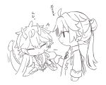  2boys :t ahoge arm_at_side cheek_poking chinese_knot clenched_hands closed_eyes collared_jacket commentary_request dan_heng_(honkai:_star_rail) dan_heng_(imbibitor_lunae)_(honkai:_star_rail) earrings from_side greyscale hands_up hara_(nanohara) honkai:_star_rail honkai_(series) horns jacket jewelry lineart long_hair long_sleeves male_focus monochrome multiple_boys no_nose pointy_ears poking ponytail pout profile shirt simple_background single_hair_ring sleeve_cuffs smile stud_earrings tail translation_request upper_body very_long_hair white_background yingxing_(honkai:_star_rail) 