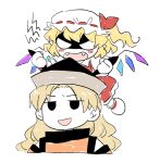  2girls angry black_eyes black_headwear blonde_hair blush crystal detached_sleeves fangs flandre_scarlet flying hat hat_ribbon long_hair matara_okina mob_cap multicolored_wings multiple_girls one_side_up open_mouth orange_tabard re_ghotion red_vest ribbon shaded_face short_hair side_ponytail simple_background smile tabard touhou vest white_background white_headwear wings 