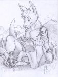 anthro duo eye_contact felid forest genitals hi_res hufnaar kangaroo looking_at_another macro macropod male male/male mammal marsupial micro nude pantherine paws penis plant sitting size_difference sketch solaxe_(artist) tail tattoo tiger tongue tongue_out tree