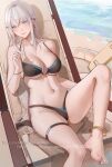  1girl barefoot beach beach_chair bikini black_bikini blue_eyes blue_trim bow braid breasts brown_bikini closed_mouth english_commentary fate/grand_order fate_(series) french_braid grey_hair hair_bow highres looking_at_viewer medium_breasts morgan_le_fay_(fate) navel ocean pale_skin rifu_(643763873) sidelocks sitting solo swimsuit thigh_strap two-tone_bikini underboob web_address 