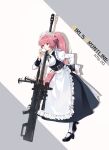  1girl absurdres anti-materiel_rifle apron black_dress black_footwear black_ribbon blunt_bangs breasts character_name copyright_name cup dress drinking frills girls&#039;_frontline gun hair_ribbon hand_on_own_hip highres holding holding_cup juliet_sleeves long_hair long_sleeves lyps maid maid_headdress ntw-20 ntw-20_(girls&#039;_frontline) ntw-20_(the_aristocrat_experience)_(girls&#039;_frontline) official_alternate_costume pantyhose pink_eyes pink_hair ponytail puffy_sleeves ribbon rifle sniper_rifle solo very_long_hair weapon white_pantyhose 