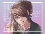  1other brown_eyes brown_hair character_name commentary_request eyepatch glasses green_jacket hange_zoe happy_birthday holding holding_quill jacket other_focus portrait quill shingeki_no_kyojin solo twitter_username yanase_814 