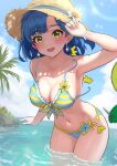  1girl bikini blue_hair blue_sky breasts brown_headwear c_(theta) cloud commentary_request day earrings flower_hat green_eyes hat highres idolmaster idolmaster_million_live! jewelry large_breasts nanao_yuriko navel ocean open_mouth outdoors partially_submerged sky smile solo striped_bikini striped_clothes swimsuit wardrobe_malfunction 