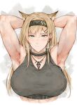  1girl abs animal_ears arknights armpits arms_behind_head blonde_hair breasts cat_ears covered_nipples green_eyes headband horn_(arknights) jewelry large_breasts laserflip muscular muscular_female necklace puffy_nipples steam sweat 