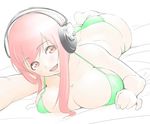  bikini breast_press breasts cleavage headphones huge_breasts long_hair lying murazono nitroplus on_stomach open_mouth pink_eyes pink_hair sketch smile solo super_sonico swimsuit 