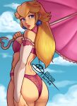  1girl ass blonde_hair blue_eyes dtscribe earrings elbow_gloves gloves highres jewelry long_hair looking_at_viewer mario_(series) princess_peach solo sphere_earrings umbrella underwear 