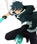  1boy black_hands blue_hair buttons claws closed_mouth colored_skin foot_out_of_frame green_eyes green_jacket grey_pants hand_up highres holding holding_sword holding_weapon hood hood_down hooded_jacket isaacchief300 jacket katana knee_up leg_up looking_to_the_side male_focus original paint_splatter pants popped_collar simple_background sleeve_cuffs sleeves_rolled_up smoke solo sword wavy_mouth weapon white_background white_trim 