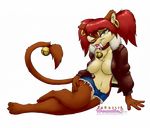  breasts clothing collar cutoffs denim_shorts ear_piercing earring fangs feline female fossil hair kitti_belle looking_at_viewer mammal navel piercing plain_background sabertooth shorts smilodon solo tail tomboy 