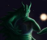 2024 ambiguous_gender anthro digital_media_(artwork) fexneel_denisse globe green_body green_scales hi_res holding_planet horn jaws kaiju macro planet scales shooting_star solo space star sun tail watermark