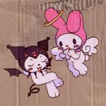  angel_wings arms_behind_head black_hood blush_stickers cardboard closed_eyes crossed_legs cryptidhermit demon_tail demon_wings eyelashes halo kuromi my_melody no_humans onegai_my_melody open_mouth sanrio solid_oval_eyes tail white_wings wings yellow_halo 