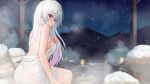  1girl absurdres ayul_(ayulneri_92) bare_shoulders bathing blush breasts commission highres large_breasts long_hair looking_at_viewer matoi_(pso2) night night_sky onsen phantasy_star phantasy_star_online_2 pixiv_commission red_eyes rock sky smile snowing solo steam thighs towel water white_hair 