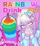  1girl april_fools blue_hair blue_nails bow chouzetsusaikawa_tenshi-chan constricted_pupils covering_own_mouth cup disgust disposable_cup drinking_straw eencya english_text gradient_hair hair_bow holographic_clothing multicolored_hair multicolored_nails multiple_hair_bows nail_polish needy_girl_overdose official_art pink_hair pink_nails pixel_art quad_tails sailor_collar school_uniform second-party_source serafuku smoothie solo sweat upper_body white_hair 