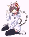  ahoge animal_ear_fluff animal_ears bell braid braided_bangs cat_ears cat_girl cat_tail fang forked_tail green_eyes hair_bell hair_ornament heterochromia highres hood hoodie light_brown_hair multiple_tails nekomata paw_pose prism_project shoes short_hair skin_fang sneakers sotonakahara suzune_nia tail thighhighs two_tails virtual_youtuber white_hoodie yellow_eyes 