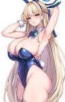  1girl :o absurdres animal_ears armpits blonde_hair blue_archive blue_bow blue_bowtie blue_eyes blue_halo blue_leotard blush bow bowtie braid breasts cleavage commentary_request detached_collar fake_animal_ears fake_tail halo highres large_breasts leotard long_hair looking_at_viewer mitomumitomu official_alternate_costume playboy_bunny presenting_armpit rabbit_ears rabbit_tail solo tail thick_thighs thighs toki_(blue_archive) toki_(bunny)_(blue_archive) 