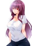  1girl alternate_costume blue_pants breasts casual closed_mouth commentary_request covered_navel covered_nipples denim engo_(aquawatery) fate/grand_order fate_(series) hair_between_eyes highres jeans large_breasts long_hair pants purple_hair red_eyes scathach_(fate) shirt short_sleeves simple_background smile solo t-shirt very_long_hair white_background white_shirt 