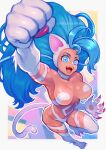  1girl animal_ears animal_hands arm_up armpit_crease bare_shoulders big_hair blue_eyes blue_hair body_fur border breasts cat_ears cat_girl cat_paws cat_tail claws clenched_hand eyelashes fangs felicia_(vampire) from_above full_body happy izapara large_breasts long_hair looking_at_viewer open_mouth outside_border pawpads simple_background smile standing standing_on_one_leg tail twitter_username vampire_(game) watermark white_border 