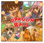  4boys bad_id bad_pixiv_id bald black_hair blonde_hair blue_eyes blue_hair bulma chi-chi_(dragon_ball) copyright_name dragon_ball dragon_ball_(classic) dragon_ball_(object) gun hat heart lunch_(dragon_ball) multiple_boys multiple_girls muten_roushi oolong puar son_gokuu sunglasses tail takamoriwako weapon yamcha 