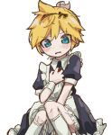  1boy apron blonde_hair blue_eyes blush bow crossdressing hair_bow hairband hand_on_own_chest kagamine_len maid maid_apron messy_hair neckerchief open_mouth otoko_no_ko red_neckerchief short_hair simple_background solo thighhighs urin_(coconuts3252) vocaloid white_background white_thighhighs 