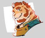  1boy animal_ears another_eidos-r bara collar corca_(another_eidos) facial_hair furry furry_male goatee huge_eyebrows looking_at_viewer male_focus orange_fur portrait posporo red_hair short_hair sideburns sketch smile solo tiger_boy tiger_ears tiger_stripes two-tone_background 
