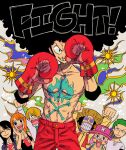  2girls 5boys ^_^ afro antlers arms_up black_hair black_tank blonde_hair blush_stickers boxing_gloves chest_tattoo closed_eyes commentary_request cowboy_shot green_hair hat highres looking_at_viewer maro_(aihan6133) monkey_d._luffy multiple_boys multiple_girls nami_(one_piece) nico_robin one_piece orange_hair pink_headwear red_shorts reindeer_antlers roronoa_zoro sanji_(one_piece) shorts smile straw_hat tattoo tony_tony_chopper topless_male usopp 