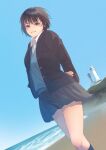  1girl amagami arms_behind_back beach black_eyes black_hair black_jacket blazer blue_cardigan blue_sky bob_cut cardigan cardigan_under_jacket clenched_teeth collared_shirt dutch_angle from_below grey_skirt highres horizon inubosaki_lighthouse jacket lighthouse long_sleeves looking_at_viewer looking_down miniskirt nanasaki_ai ocean open_clothes open_jacket outdoors pleated_skirt real_world_location ryo_taton shirt short_hair skirt sky smile solo standing teeth thighs white_shirt 