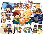  6+boys alternate_color animal_crossing arms_up backpack bag bandana baseball_cap black_hair black_shorts blonde_hair blue_hair blue_headwear blue_shorts blush_stickers boney brown_hair cape casting_spell character_print checkered_clothes checkered_shirt doseisan dougi fire_emblem flying_man green_headwear green_tunic grey_bag hammer hat headband high_five hitofutarai holding holding_hammer holding_stick ike_(fire_emblem) king_dedede kirby kirby_(series) link lucario lucas_(mother_3) male_focus marth_(fire_emblem) mew_(pokemon) mini_person miniboy mother_(game) mother_2 mother_3 multiple_boys multiple_tails ness_(mother_2) open_mouth pikachu player_2 pokemon_(creature) purple_bag red_bandana red_footwear red_headband ryu_(street_fighter) shirt short_hair shorts sideways_hat socks solid_oval_eyes stick street_fighter striped_clothes striped_shirt super_mushroom super_smash_bros. tail the_legend_of_zelda toon_link uppercut upside-down villager_(animal_crossing) white_socks x_x 