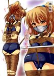  arle_nadja arms_behind_back artist_request bdsm blush bondage bound bound_legs bound_wrists box_tie breast_bondage breasts brown_eyes brown_hair cloth_gag crotch_rope gag gagged improvised_gag madou_monogatari one-piece_swimsuit otn over_the_mouth_gag over_the_nose_gag puyopuyo rope school_swimsuit shibari sweetsprite swimsuit trembling 