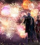  1girl 2boys absurdres aerial_fireworks ahoge alhaitham_(genshin_impact) artist_name black_footwear black_pants blonde_hair blurry blurry_foreground boots braid cape carrying commentary_request facing_away feather_hair_ornament feathers fingerless_gloves fireworks from_behind genshin_impact gloves gold_trim grass green_cape green_hair grey_hair hair_ornament highres kaveh_(genshin_impact) kt_(ktakbl0) leaf_hair_ornament lens_flare long_hair multicolored_hair multiple_boys nahida_(genshin_impact) night night_sky outdoors pants pointy_ears ponytail red_cape shirt shoes short_hair side_ponytail sky standing white_footwear white_gloves white_hair white_shirt x_hair_ornament 